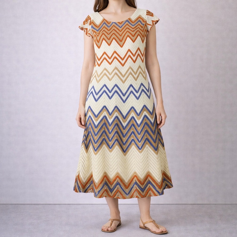 SHARAGANO Dress Womens 16 White Crochet Knit Aztec Western Chevron Cap Sleeve